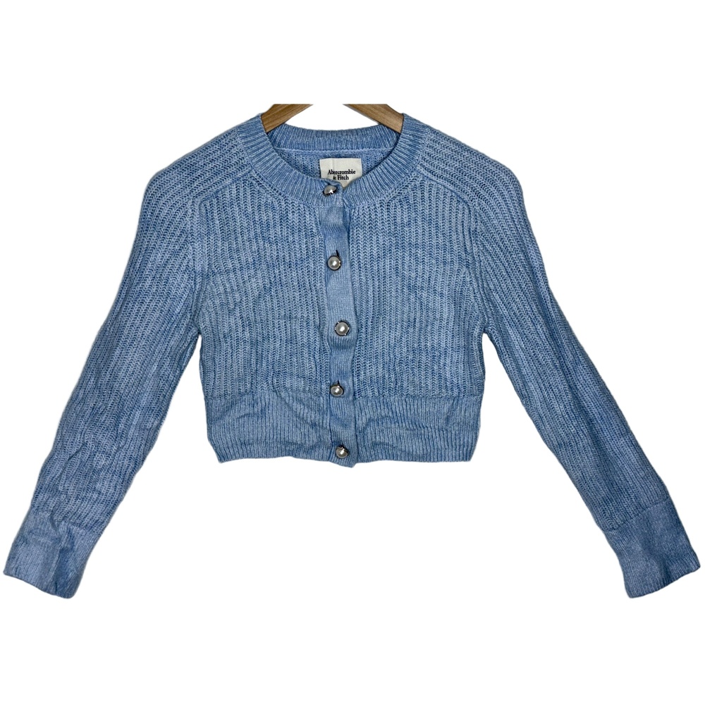Abercrombie & Fitch Blue Ribbed Knit Long Sleeve Cropped Cardigan Sweater Sz XS